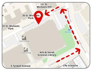 A map showing the route from Tyndall Avenue, along St Michael's Hill and onto St Michael's Park